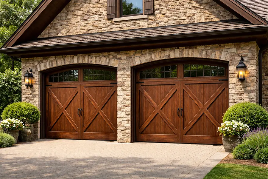 Close-up of faux wood steel garage doors showing realistic wood grain texture and arched windows for maximum durability and beauty.