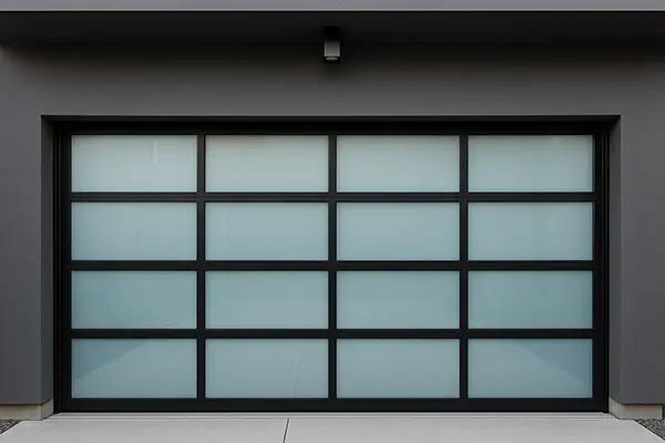 Black frame aluminum garage door with frosted glass panels for privacy and natural light.