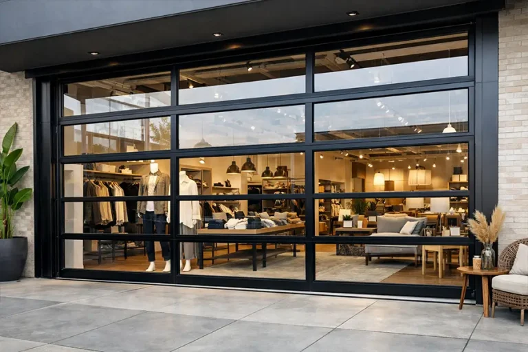 High-end retail storefront using three full-view aluminum and glass sectional doors to create a seamless indoor-outdoor shopping experience.