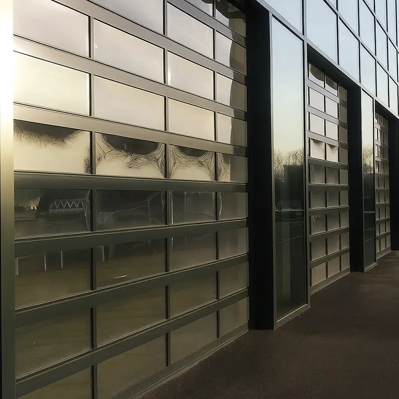 Industrial full-view aluminum glass sectional doors for commercial buildings and showrooms.
