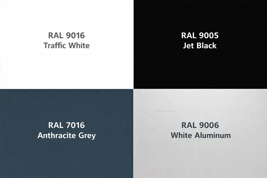 Custom color options for garage doors including RAL 9016 Traffic White, RAL 9005 Jet Black, and Anthracite Grey.