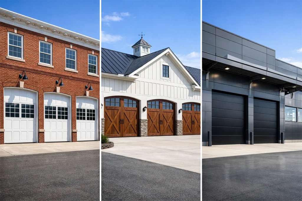 A three-split comparison collage showing Colonial red brick, Farmhouse wood-look, and Modern steel industrial architectures with their corresponding garage door styles.