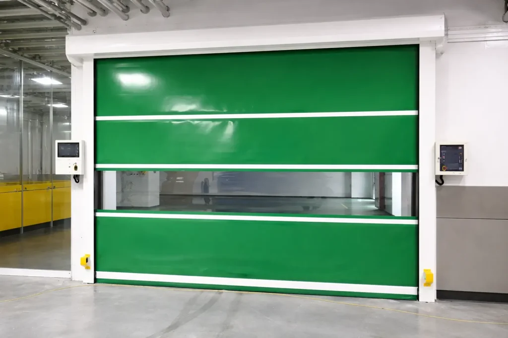 Green PVC high-speed door equipped with a vision panel and safety bollards, optimizing rapid access and hygiene in industrial cleanrooms.