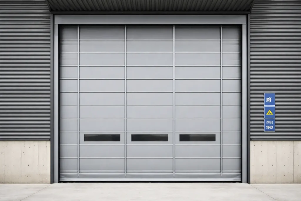 Grey wind-resistant stacking door mounted on an industrial exterior wall, featuring structural wind ribs and lower vision panels to ensure safe forklift operation.
