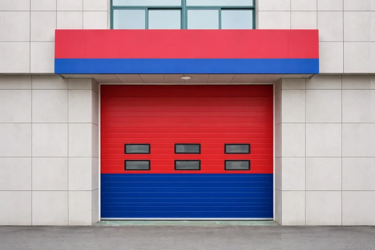 A heavy-duty red and blue commercial sectional door with vision panels, engineered by ABX for rapid-deployment firehouse and emergency response facilities.