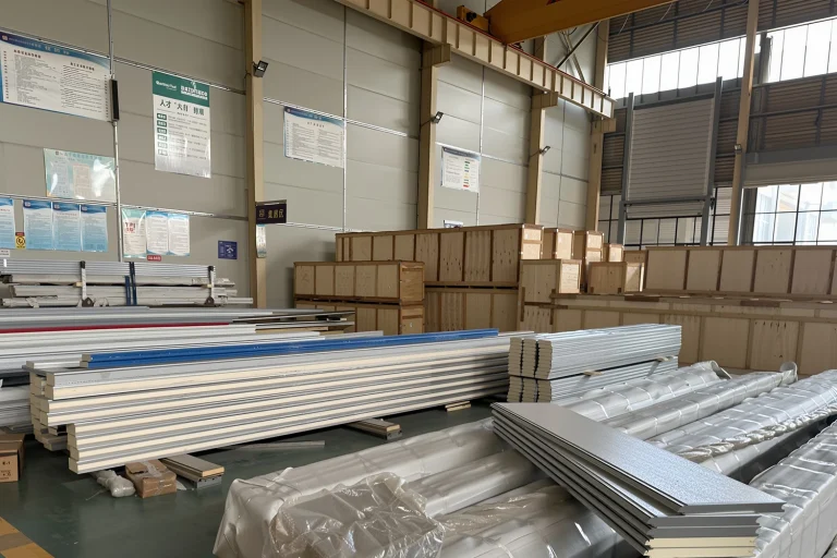 Stacks of heavy-duty PU sandwich panels and commercial garage door replacement parts at the ABX manufacturing facility, packed in wooden crates and ready for wholesale distribution to support predictive maintenance projects.