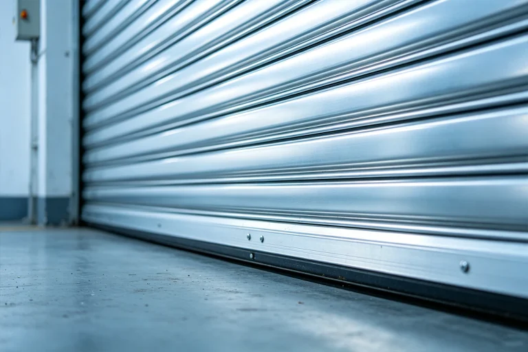 Close-up of interlocking galvanized steel slats on a heavy-duty fire rated roll up door. ABX OEM manufacturer engineers NFPA and CE/ISO compliant commercial fire doors, providing up to 3-hour fire resistance for industrial manufacturing wholesale projects.