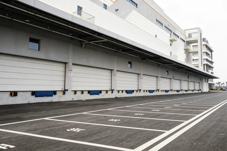 Exterior view of a large commercial logistics hub featuring a row of heavy-duty impact-rated garage doors, engineered by ABX to provide maximum wind load solutions for coastal projects.