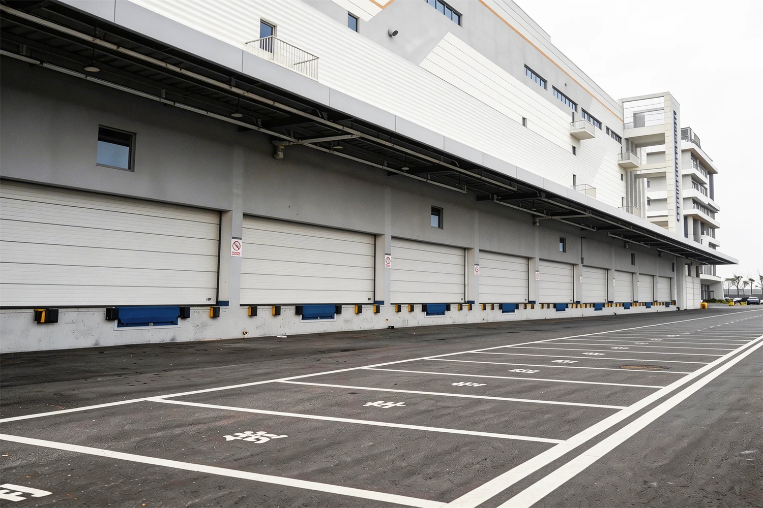 Exterior view of a large commercial logistics hub featuring a row of heavy-duty impact-rated garage doors, engineered by ABX to provide maximum wind load solutions for coastal projects.