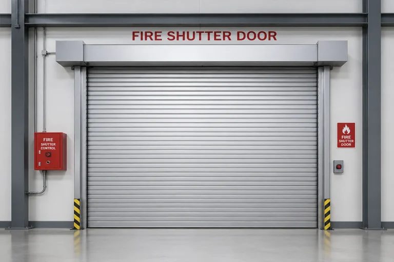 Front view of a heavy-duty industrial fire shutter door equipped with a dedicated fire control panel, engineered by ABX to provide CE-certified fire compartmentalization and safety for commercial projects.