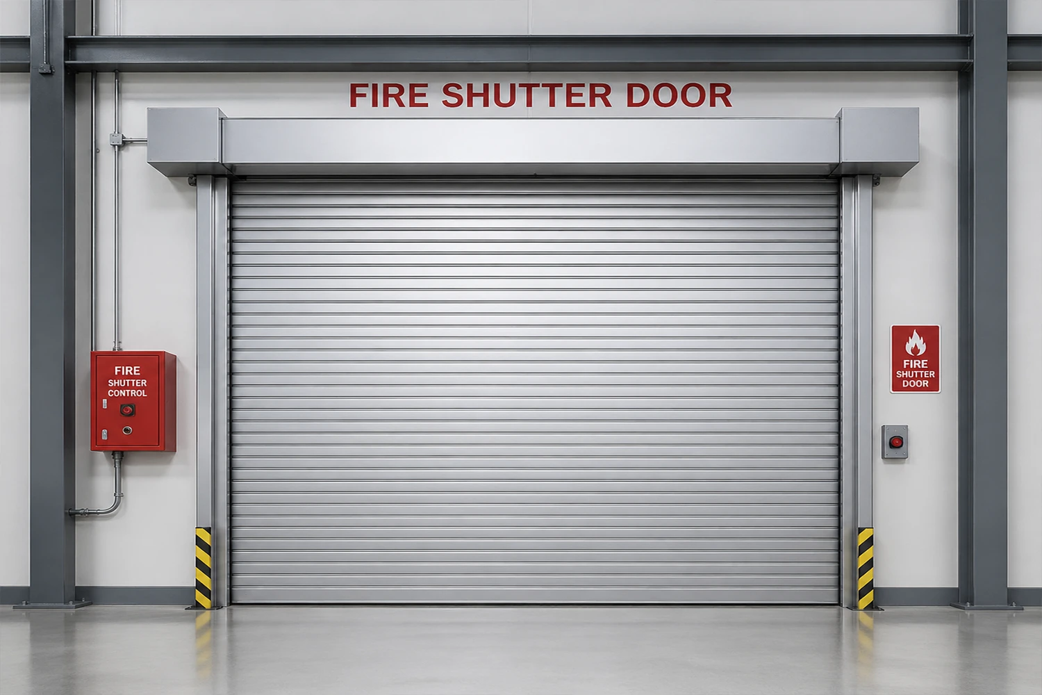 Front view of a heavy-duty industrial fire shutter door equipped with a dedicated fire control panel, engineered by ABX to provide CE-certified fire compartmentalization and safety for commercial projects.
