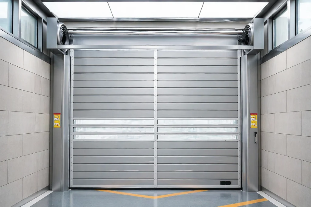 A heavy-duty industrial roll-up steel and aluminum door featuring transparent vision panels and robust guide rails, manufactured by ABX for maximum commercial security.