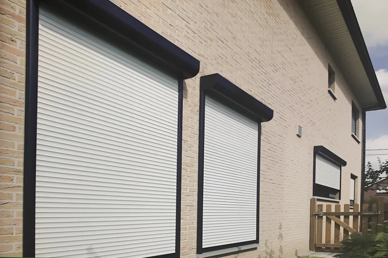 Exterior view of multiple heavy-duty industrial steel roll-up doors installed on a commercial brick facade, engineered by ABX to provide maximum security and weather resistance for industrial facilities.