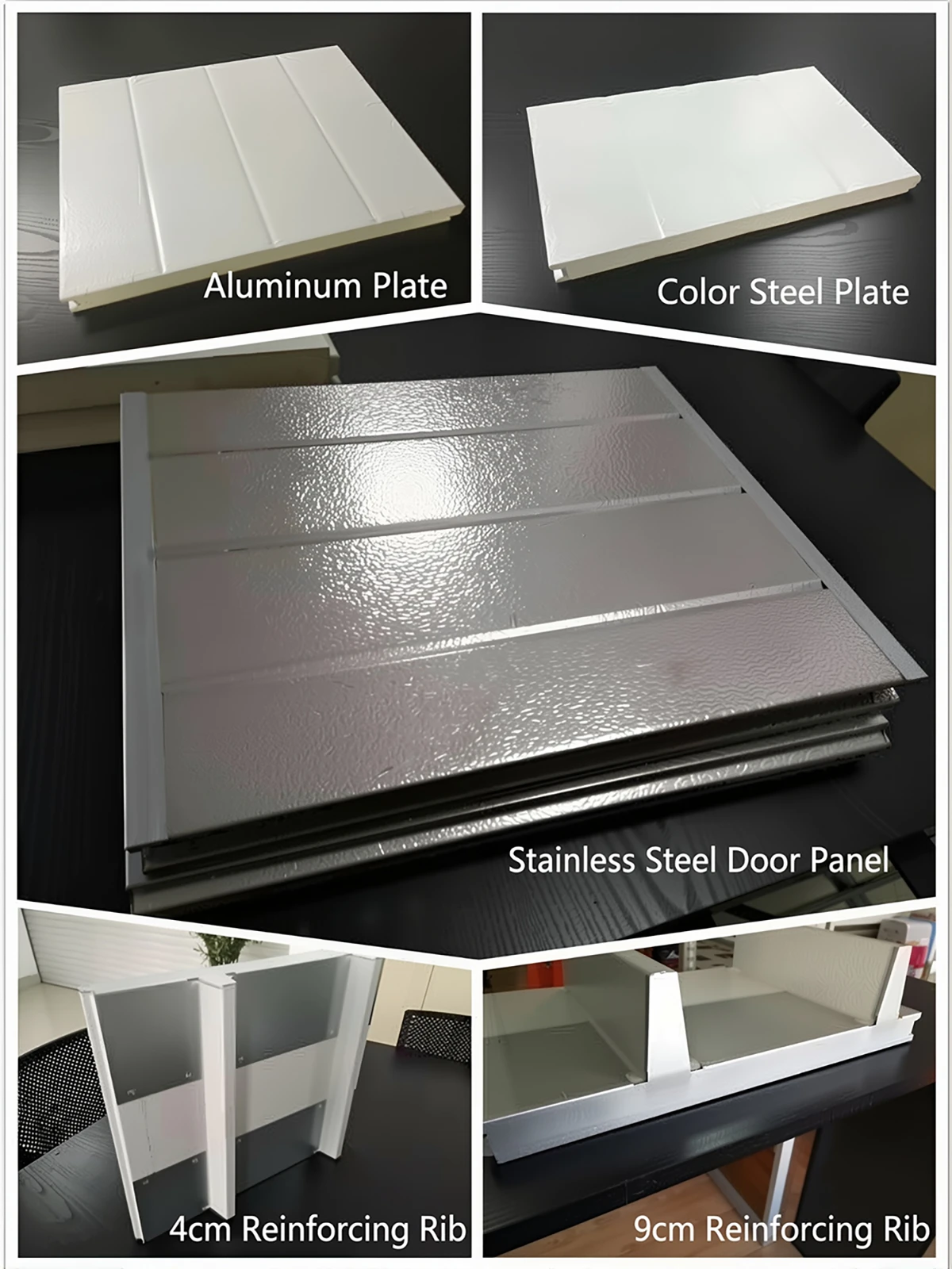 Close-up display of ABX heavy-duty panels for garage door systems, showcasing aluminum, steel, and stainless steel options with internal reinforcing ribs for maximum structural rigidity.
