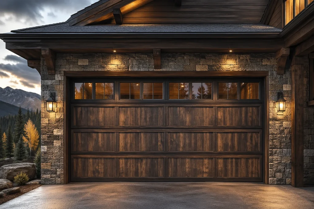 A heavy-duty rustic garage door featuring a custom wood-grain steel finish and top vision panels, engineered by ABX for modern wineries and agricultural commercial projects.