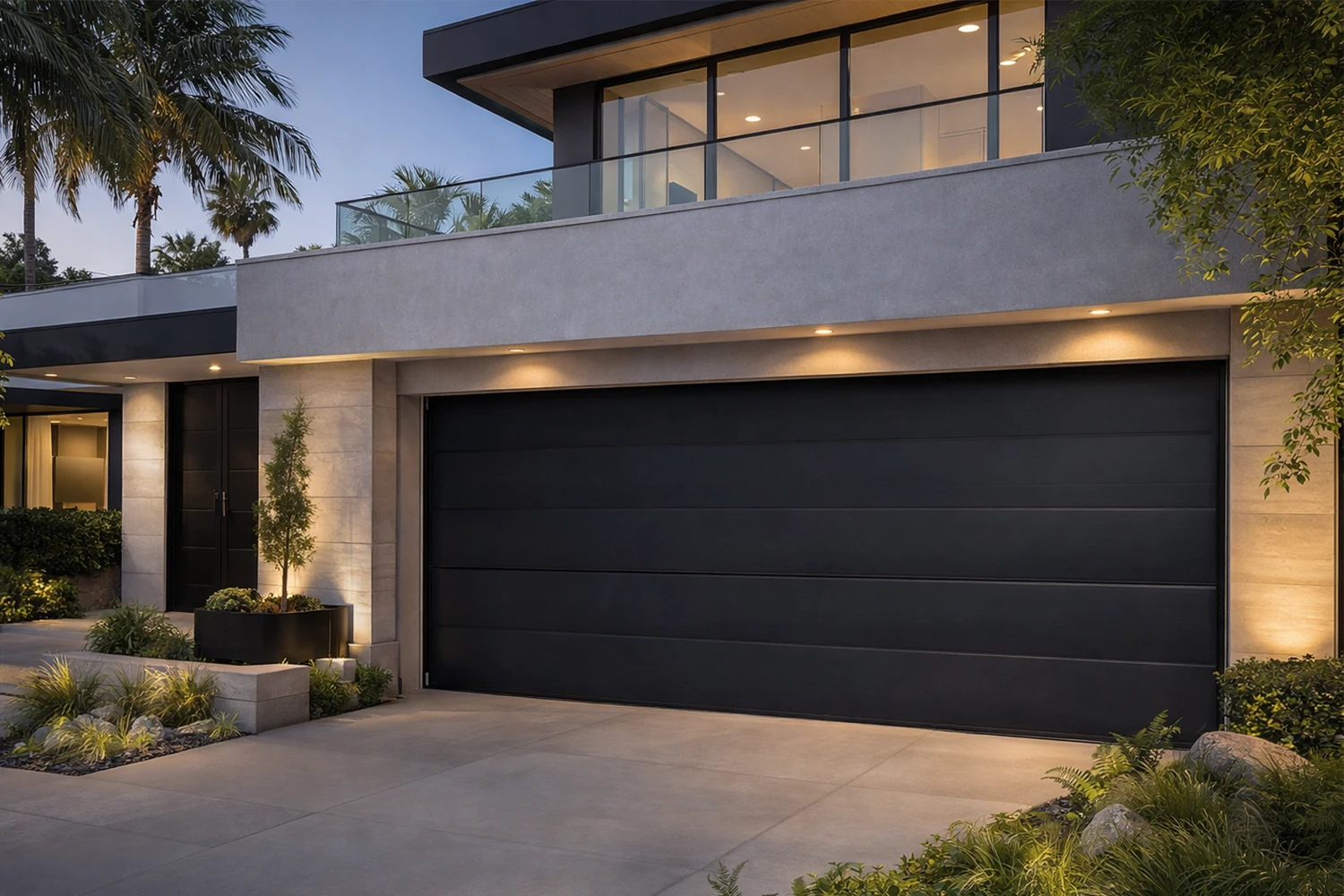 A modern charcoal black heavy-duty wind load garage door installed in a reinforced residential structure, engineered to meet ANSI/DASMA 108 structural standards for high-velocity hurricane zones.