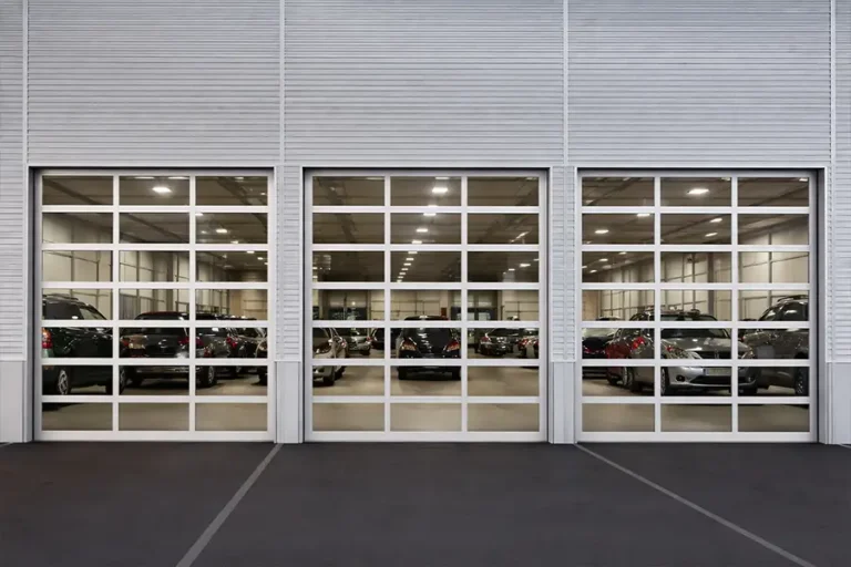 High-lift full view sectional door installed in an automotive garage, providing maximum vertical clearance and full glass visibility for vehicle storage