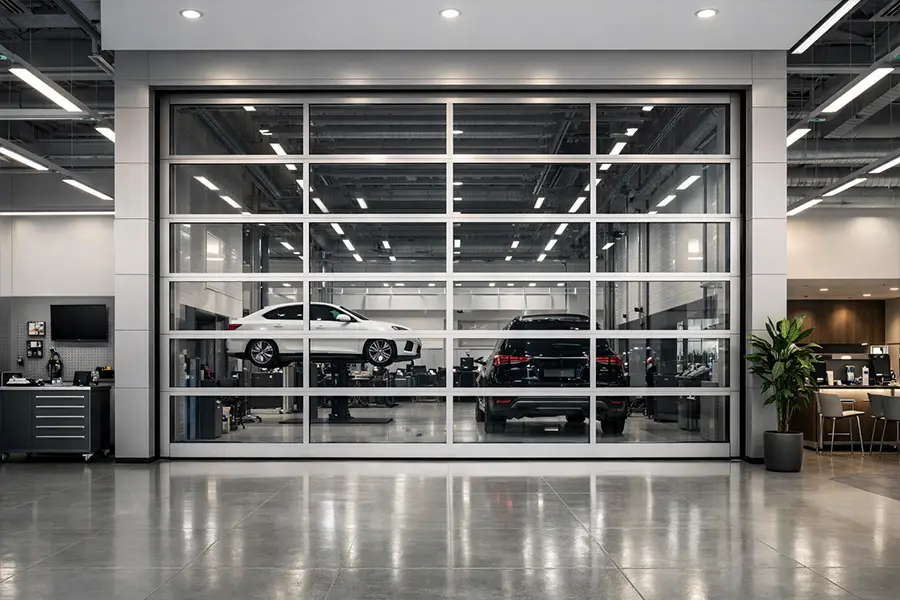 High-lift full view sectional door in a modern automotive workshop, featuring aluminum frame and glass panels for precision engineering environments