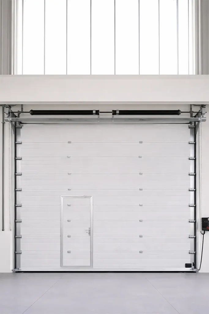 High-lift industrial sectional door featuring a wicket door and automated control box, installed in a spacious warehouse with natural lighting.