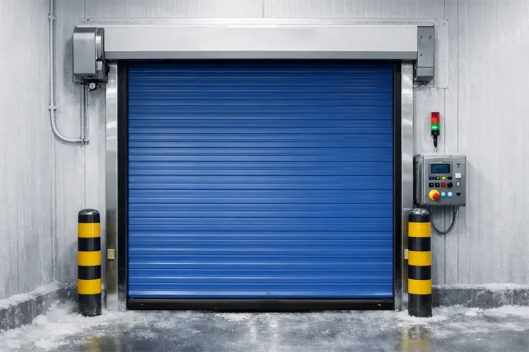 High-speed freezer door featuring active anti-freeze heating systems for extreme sub-zero logistics environments.
