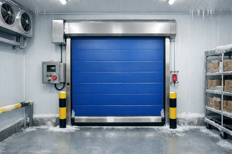 High-speed freezer door operating at -25°C with active anti-freeze heating systems to prevent ice buildup on the tracks.