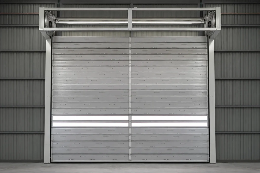 ABX high-speed spiral door featuring insulated aluminum panels and transparent vision panels, showcasing the frictionless spiral track technology for maximum logistics efficiency.