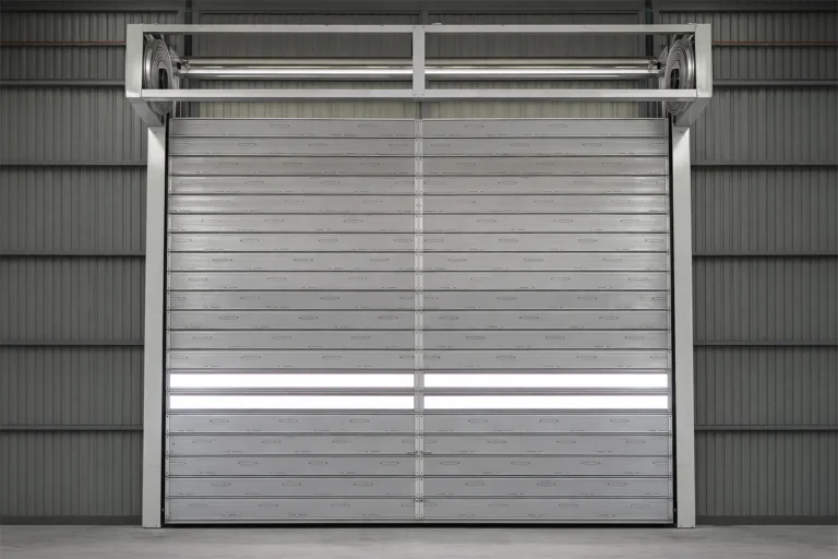 ABX high-speed spiral door featuring insulated aluminum panels and transparent vision panels, showcasing the frictionless spiral track technology for maximum logistics efficiency.