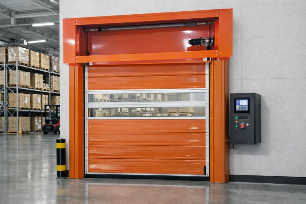 High-speed spiral door automation system for modern industrial warehouses.