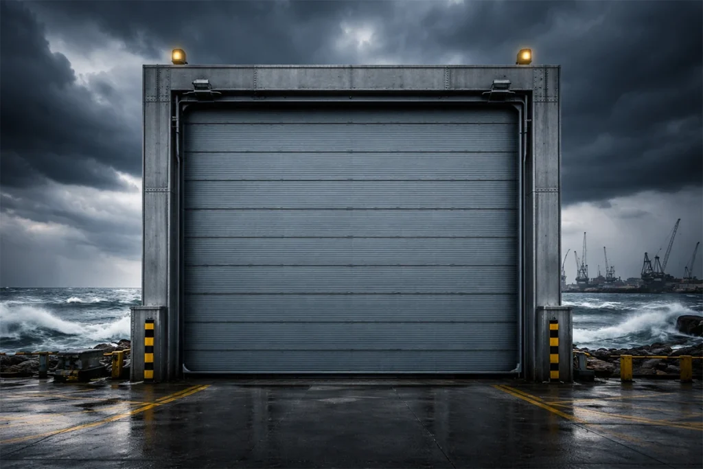 Heavy-duty hurricane-rated industrial garage door protecting a coastal warehouse from extreme wind loads and stormy weather.