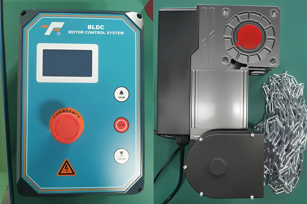 Step-by-step technical illustration showing how to program a remote and reset an industrial automatic overhead garage door opener system.