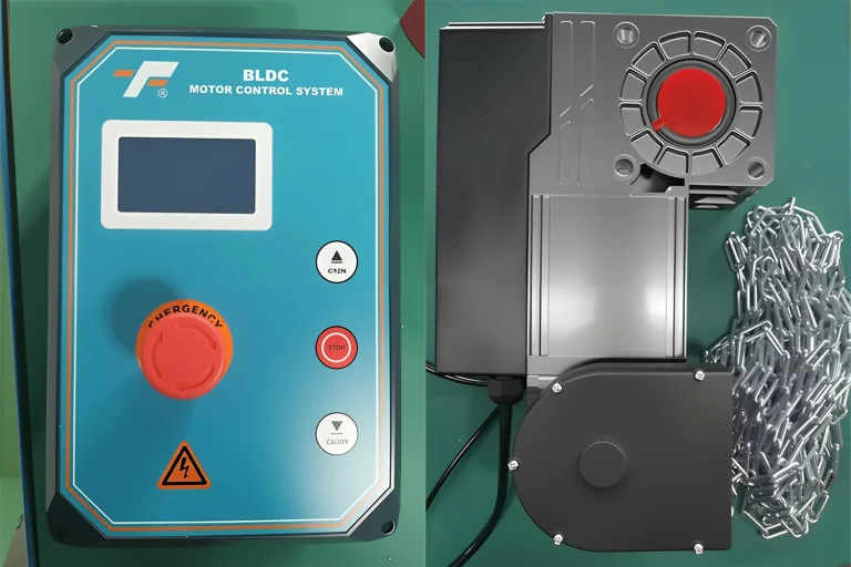 Step-by-step technical illustration showing how to program a remote and reset an industrial automatic overhead garage door opener system.