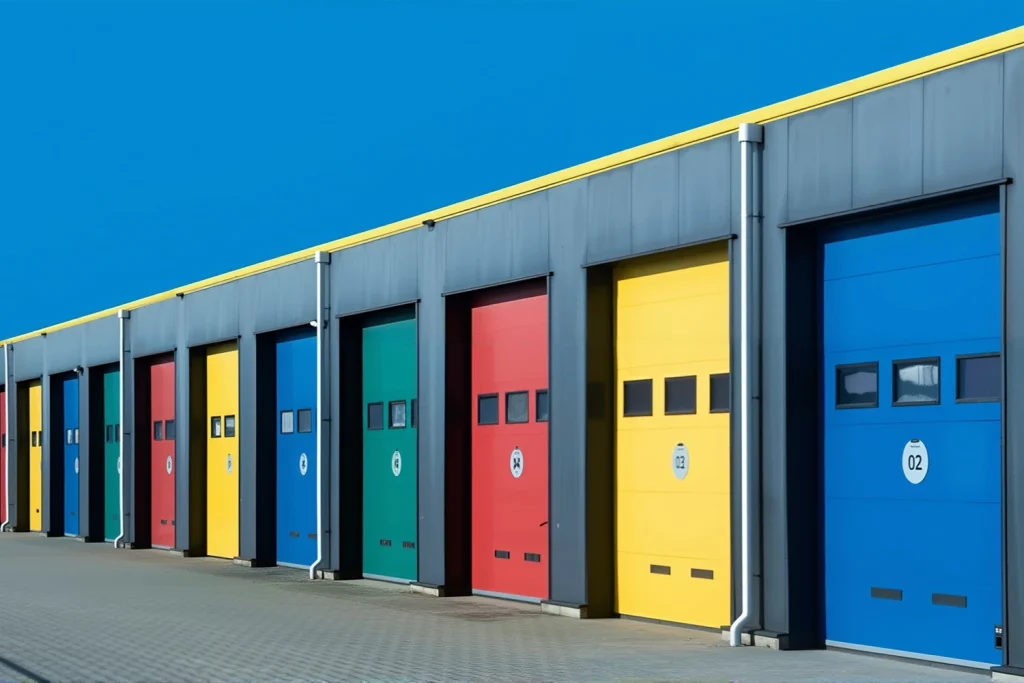 A row of vibrant industrial coloured garage doors in blue, green, red, and yellow, showcasing ABX's custom veneer and commercial facade solutions for logistics facilities.
