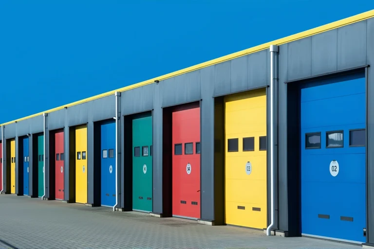 A row of vibrant industrial coloured garage doors in blue, green, red, and yellow, showcasing ABX's custom veneer and commercial facade solutions for logistics facilities.