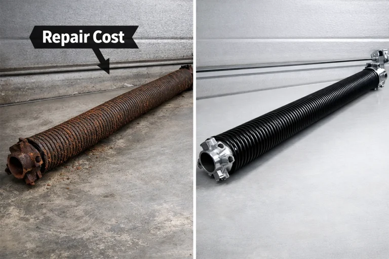 Visual comparison of a rusted, failing industrial door torsion spring versus a new high-performance ABX spring, highlighting the financial tipping point between repair costs and replacement ROI.