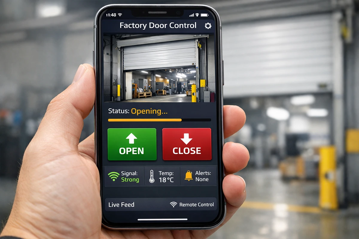 Remote factory door control system with live feed and real-time status alerts.