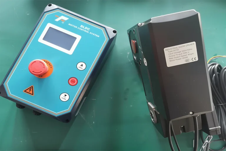Close-up of a CE-certified industrial garage door closer motor and a smart BLDC control box, supplied by ABX to provide seamless automatic solutions and eliminate manual reprogramming.