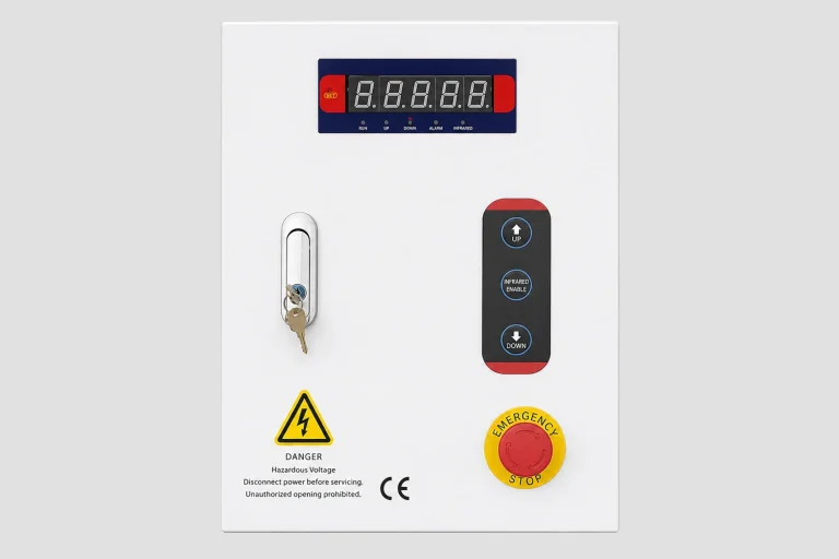 Close-up of a CE-certified smart control panel for industrial garage door openers, engineered by ABX to integrate advanced sensors and remotes for seamless logistics automation.