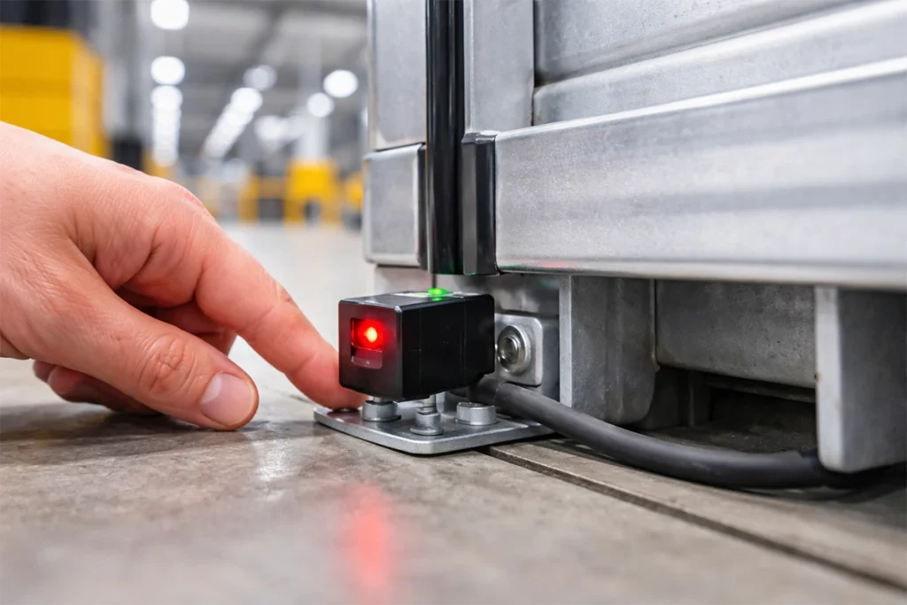 A technician's hand inspecting a photoelectric safety sensor at the base of an industrial garage door track, highlighting the importance of sensor alignment for operational security and energy efficiency.