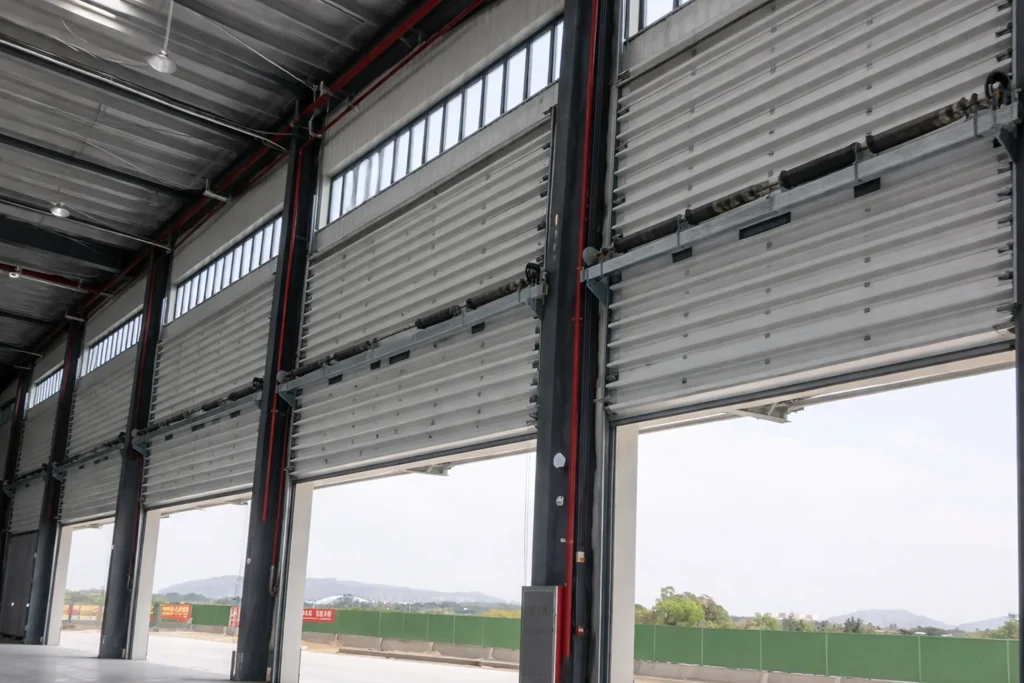 Interior view of heavy-duty industrial sectional doors showing robust metal tracks, panels, and torsion spring systems in a commercial building