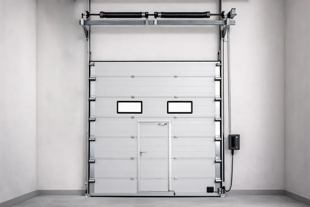 Heavy-duty industrial sectional door featuring an integrated pedestrian wicket door and vision panels to minimize thermal exchange.