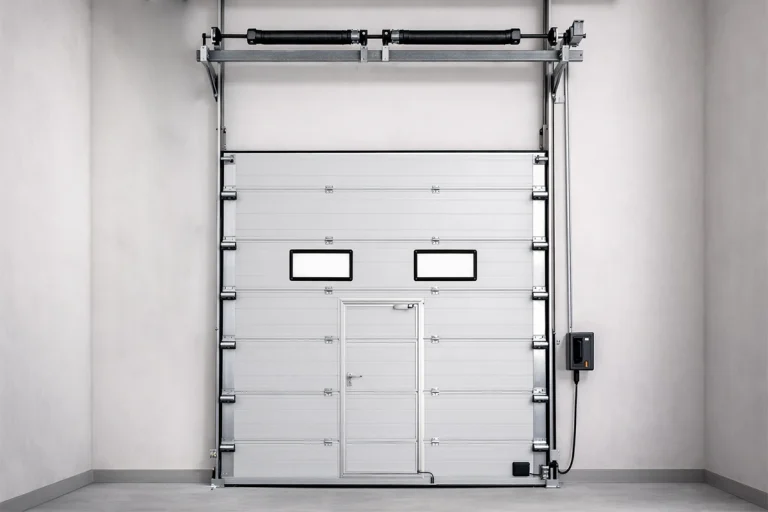 Heavy-duty industrial sectional door featuring an integrated pedestrian wicket door and vision panels to minimize thermal exchange.