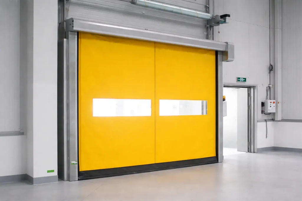 Industrial zipper rapid roll door with high wind resistance, installed next to a personnel exit for efficient material handling and environmental separation.