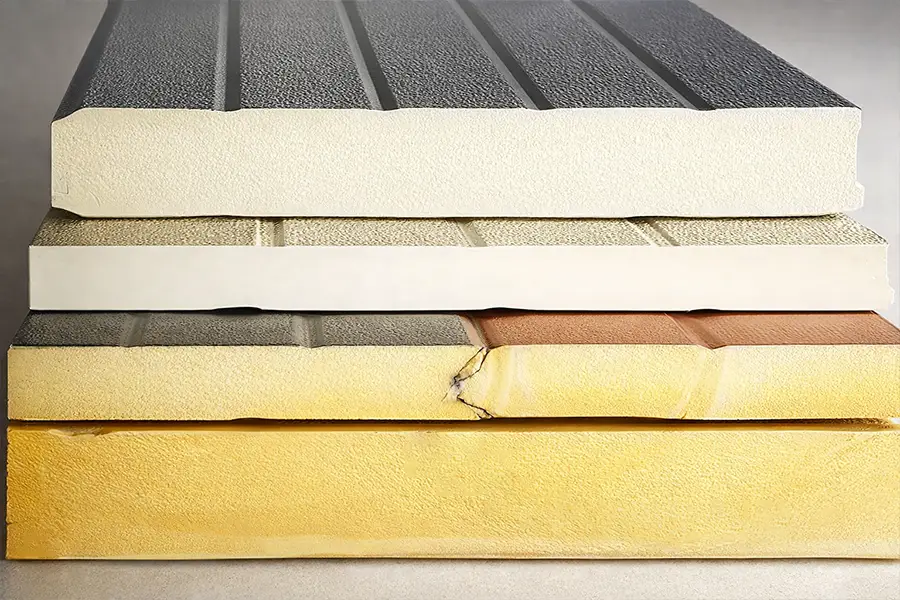 Technical cross-section of insulated industrial sandwich panels showing high-density polyurethane foam core for cold chain energy efficiency.