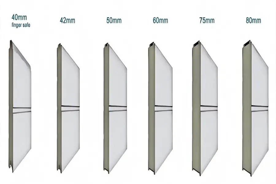 Comparison of insulated sectional door panel thicknesses ranging from 40mm to 80mm, showcasing high-density thermal cores for industrial facilities.