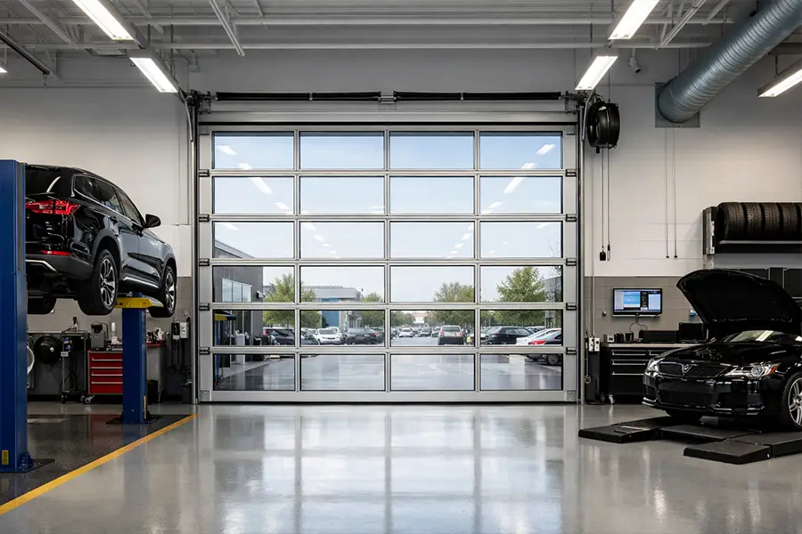 Interior of a professional automotive service bay featuring a high-lift full view glass door for enhanced natural light and space optimization.