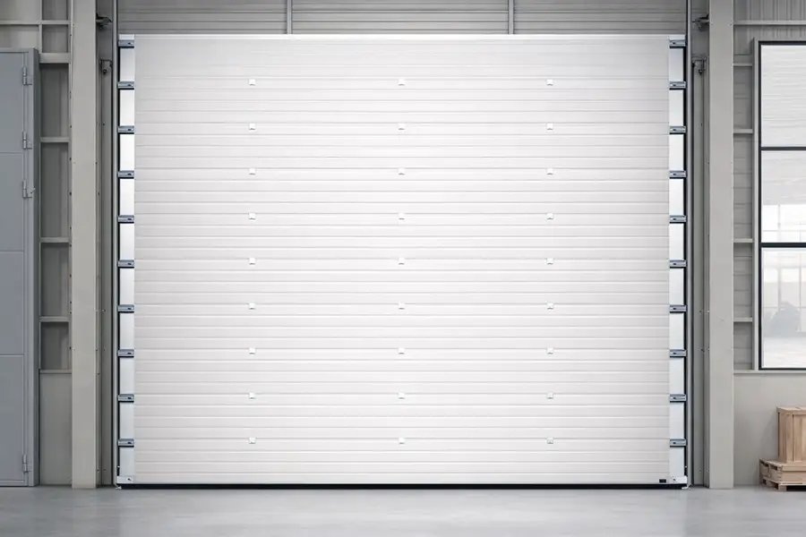 Internal view of an insulated steel sandwich door showcasing reinforced tracks and high-cycle industrial hardware.