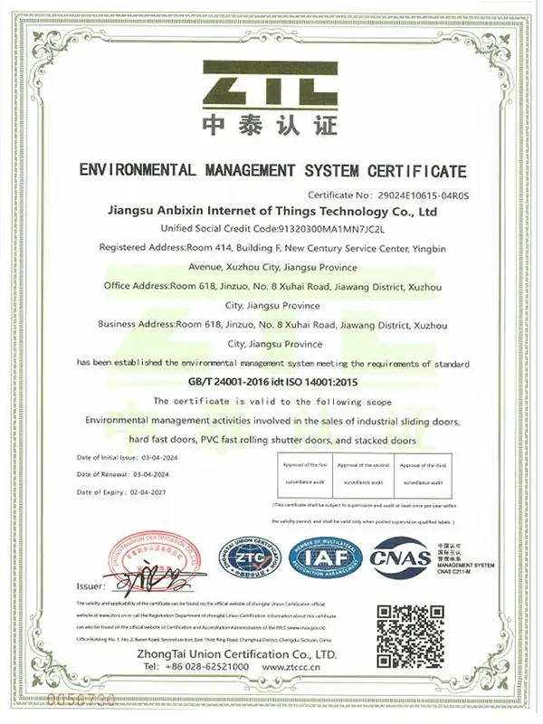 ISO 14001 Environmental Management System Certificate representing ABX Doors' eco-friendly manufacturing process.