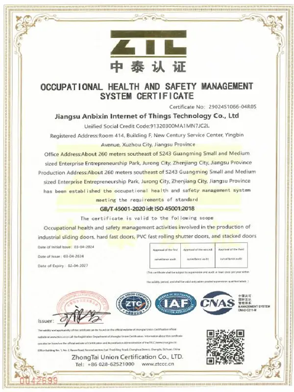 ISO 45001 Occupational Health and Safety Management Certification for ABX Doors factory.