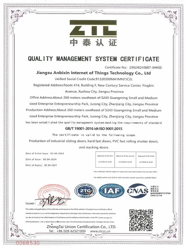 ISO 9001 Quality Management System Certification ensuring high-quality manufacturing of ABX garage doors.