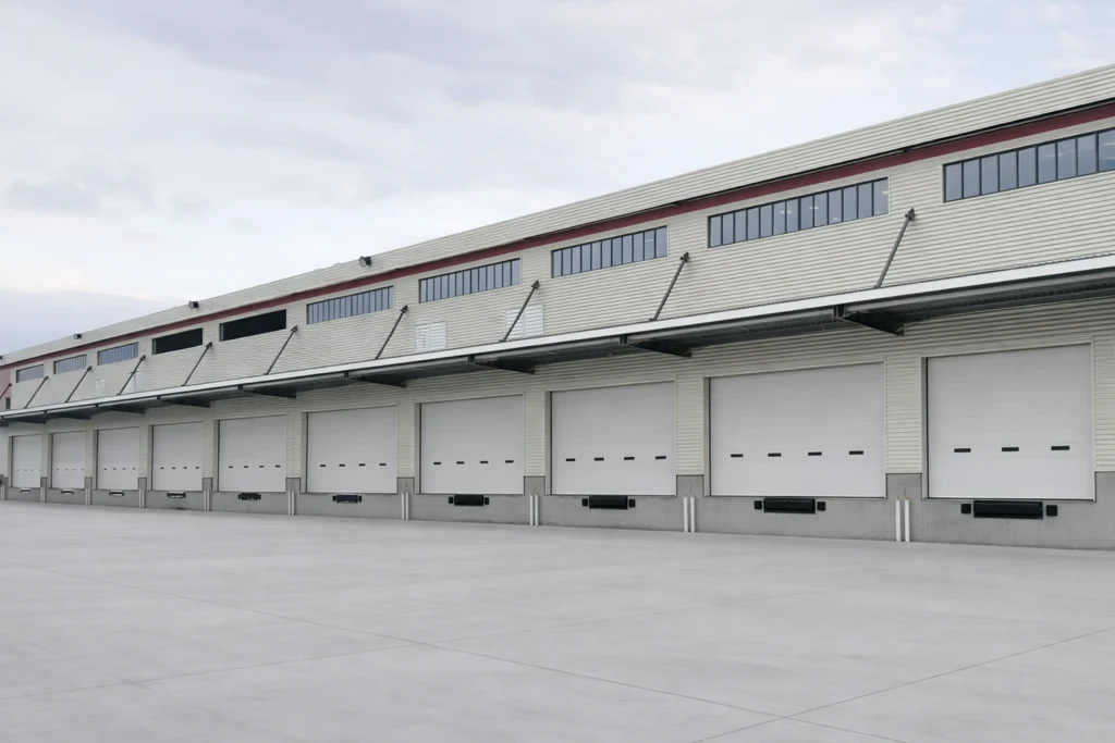 A long row of modern garage doors with vision panels integrated with loading docks at a large-scale logistics facility